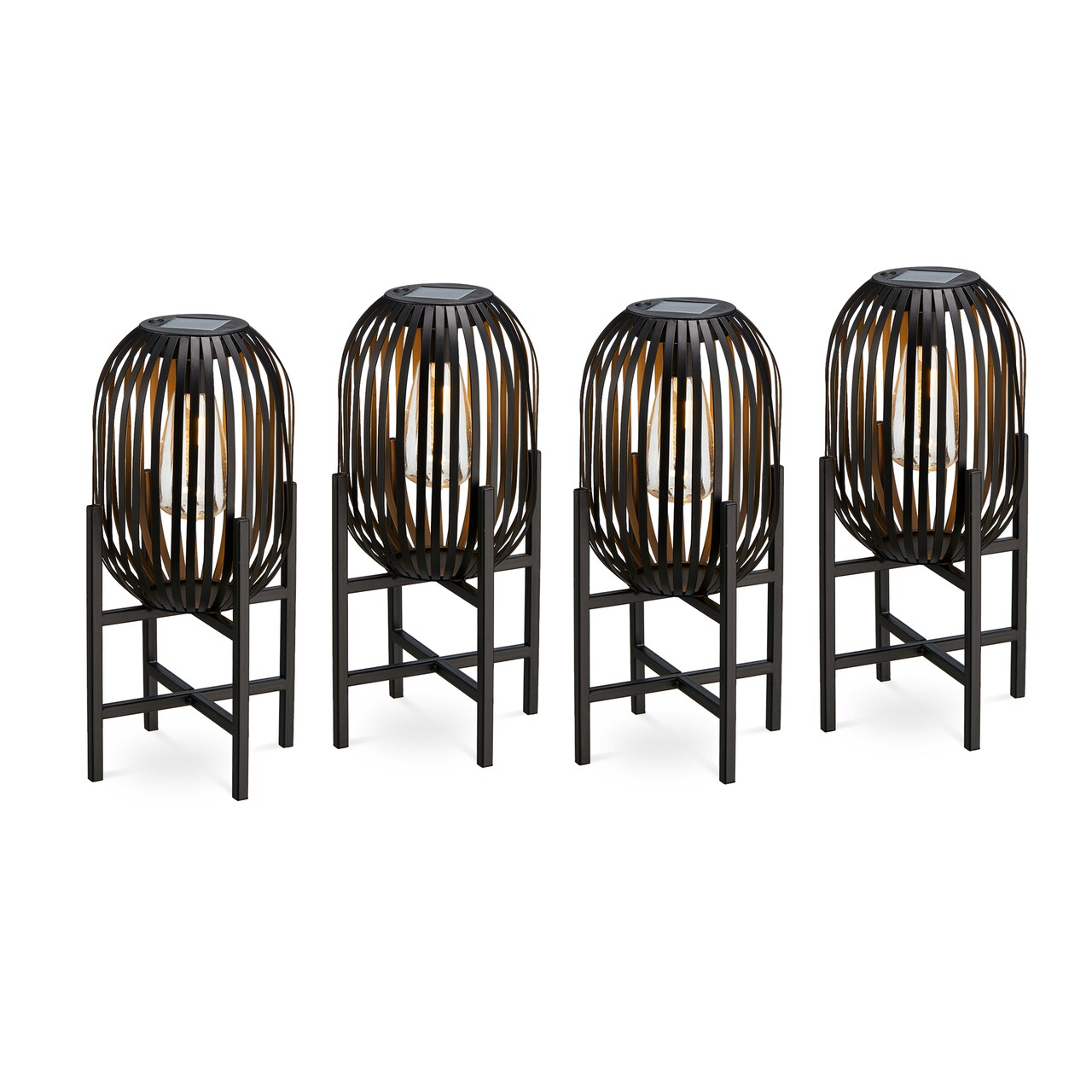 Set of 2/4 Black Metal Stripes Solar Powered Edison Bulb Outdoor Lantern with Stand